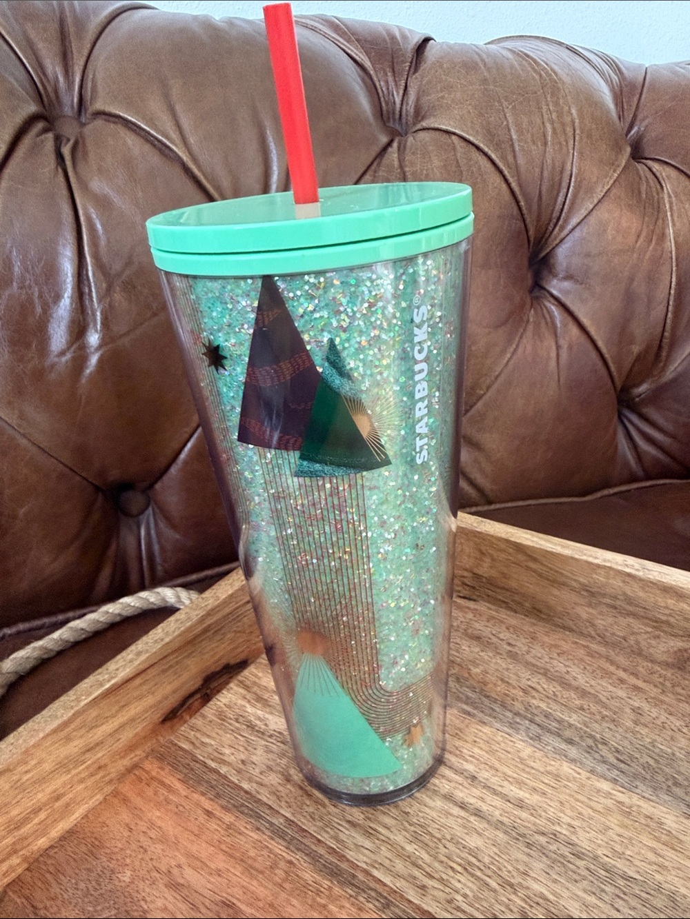 Starbucks Mint Green Glitter Holiday Christmas Tree Tumbler with Red Straw